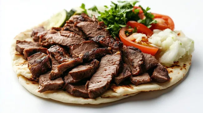 Leckeres Fleischgericht mit Salat und Fladenbrot