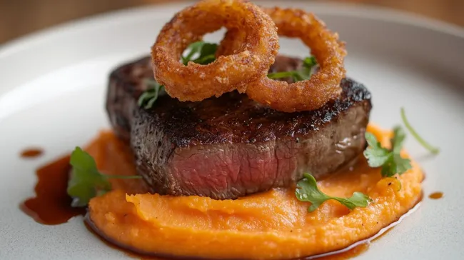 Leckeres Fleischgericht mit Süßkartoffelpüree und Zwiebelringen