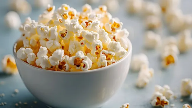 Leckeres, frisch gepopptes Popcorn in weißer Schüssel