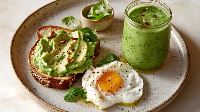 Leckeres Frühstück mit Avocado-Toast und grünem Smoothie