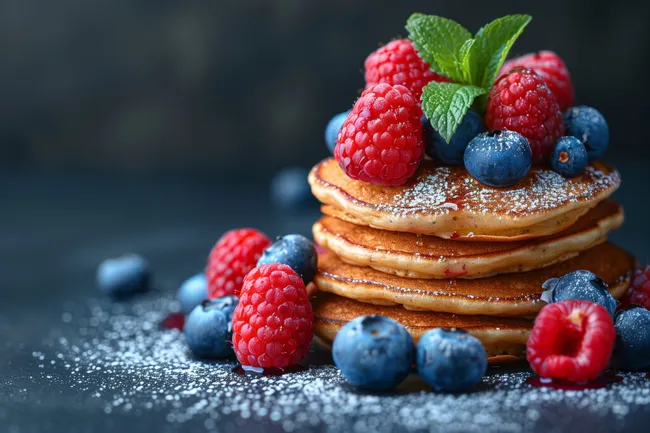 Leckeres Frühstück mit Beeren und Pfannkuchen