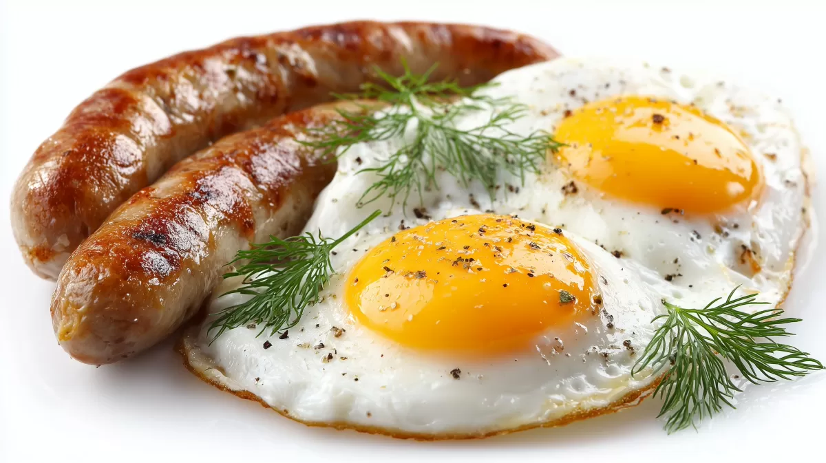 Leckeres Frühstück mit Bratwurst und Spiegelei