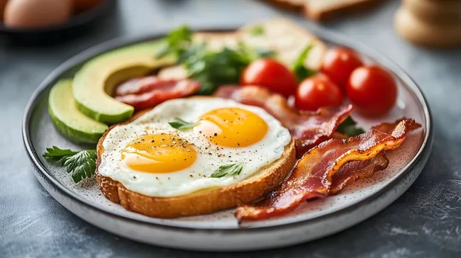 Leckeres Frühstück mit Eiern, Speck und Avocado