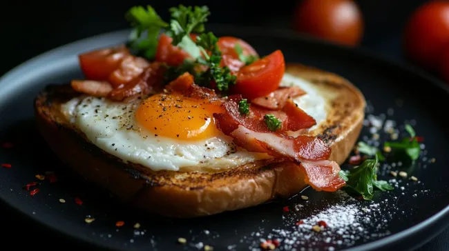 Leckeres Frühstück mit Speck, Ei und Tomaten