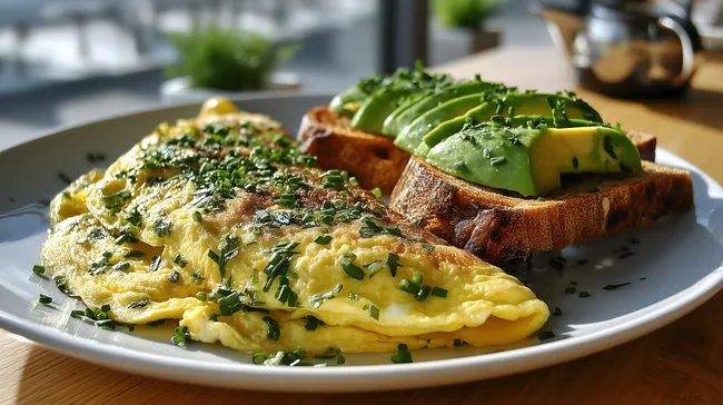 Leckeres Frühstück mit Spiegelei, Avocado-Toast und Schnittlauch