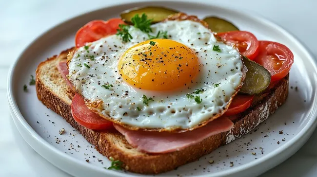 Leckeres Frühstücksbrot mit Spiegelei, Schinken und Gemüse