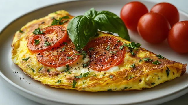 Leckeres Frühstücksomelett mit Tomate und Basilikum