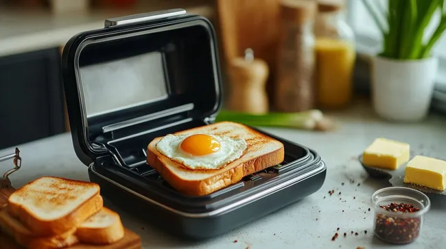 Leckeres Frühstückssandwich in modernem Sandwich-Maker