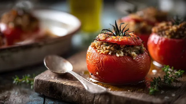 Leckeres gefülltes Tomatengrillgemüse auf rustikalem Holzbrett