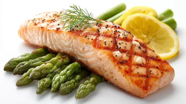 Leckeres, gegrillter Lachs mit Spargel und Zitrone