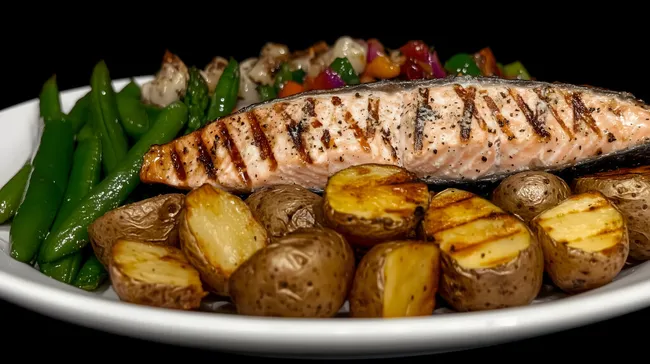 Leckeres gegrilltes Lachsfilet mit Kartoffeln und Gemüse