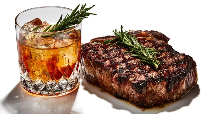 Leckeres, gegrilltes Steak mit Kräutern und Whiskey-Cocktail