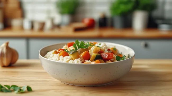 Leckeres Gemüsecurry mit Couscous in rustikaler Schüssel