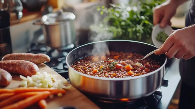 Leckeres Gemüseeintopfgericht mit Würstchen auf dem Herd