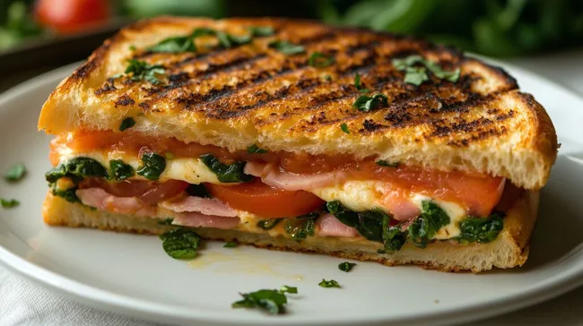 Leckeres Gemüsepanini mit Schinken und Spinat