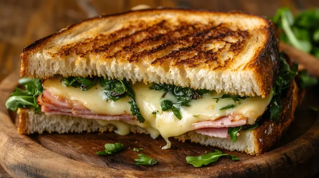 Leckeres, geschmolzenes Käse-Sandwich mit Schinken und Rucola