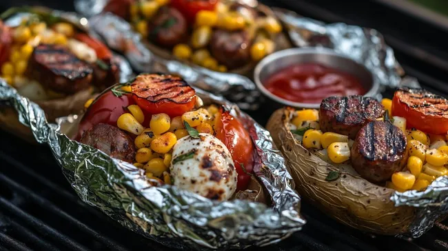 Leckeres Grillfleisch mit gegrilltem Gemüse und Mais