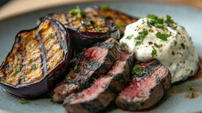 Leckeres Grillfleisch mit gegrillter Aubergine