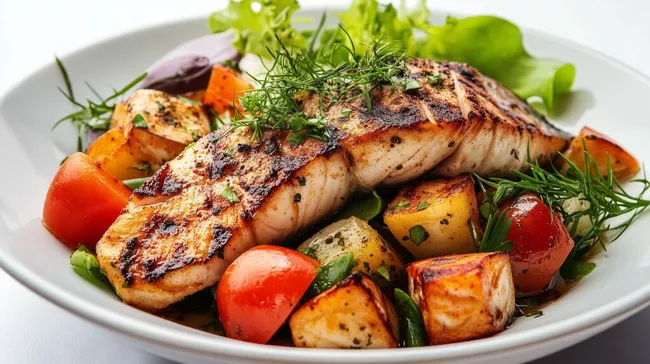 Leckeres Grillgericht mit Lachs und Gemüse