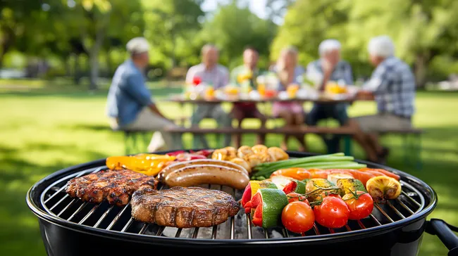 Leckeres Grillgut auf Holztisch beim Sommerfest