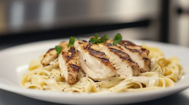 Leckeres Hähnchen-Alfredo-Pasta-Gericht auf weißem Teller