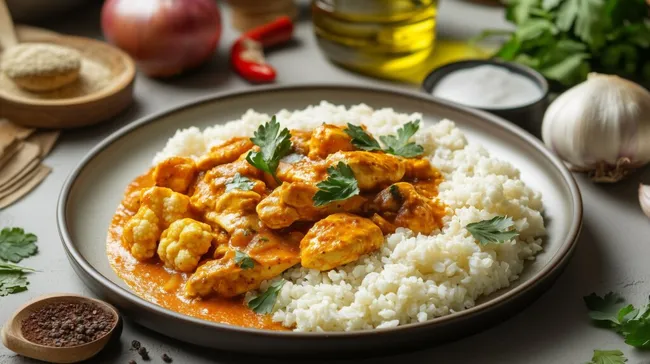 Leckeres Hähnchengericht mit Curry und Reis