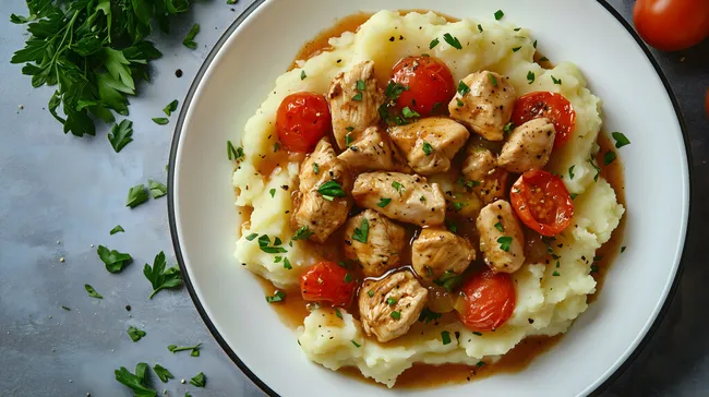 Leckeres Hähnchengericht mit Kartoffelpüree und Tomaten