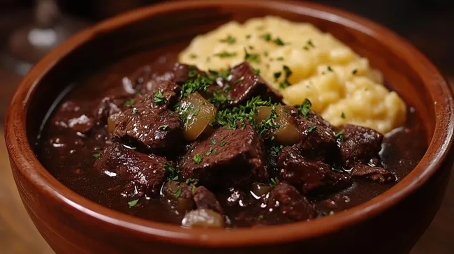 Leckeres Hirschgulasch in rustikaler Tonschale