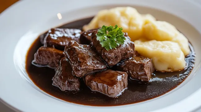 Leckeres Hirschgulasch mit Kartoffelpüree und Sauce
