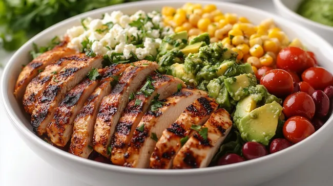 Leckeres Hühnchen-Avocado-Salat-Gericht mit Tomaten und Mais