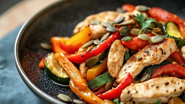Leckeres Hühnchen-Gemüse-Gericht mit Kürbiskernen