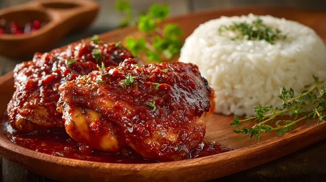 Leckeres Hühnchen in würziger Tomatensauce mit Reis