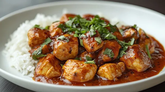Leckeres Hühnchencurry mit Reis in Tomatensauce