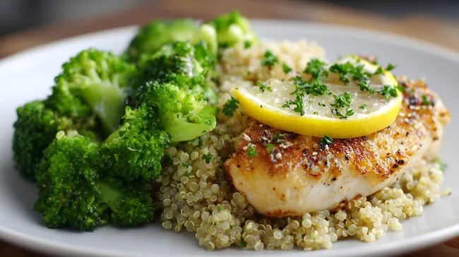 Leckeres Hühnerfilet mit Quinoa und Brokkoli auf Teller