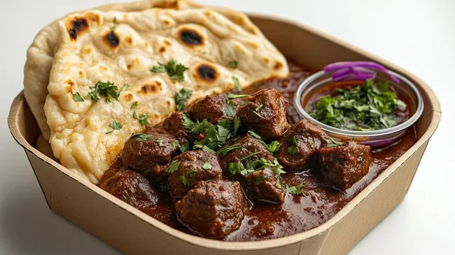 Leckeres indisches Curry mit Naan-Brot in nachhaltiger Schale