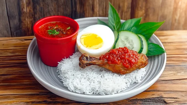 Leckeres indonesisches Reisgeschirr mit Hühnchen und Gemüse