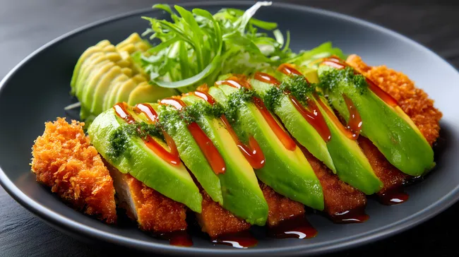 Leckeres japanisches Fusion-Gericht mit Avocado und Sauce