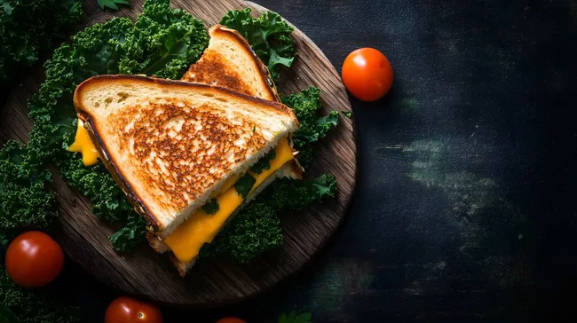 Leckeres Käse-Sandwich auf rustikalem Holzbrett