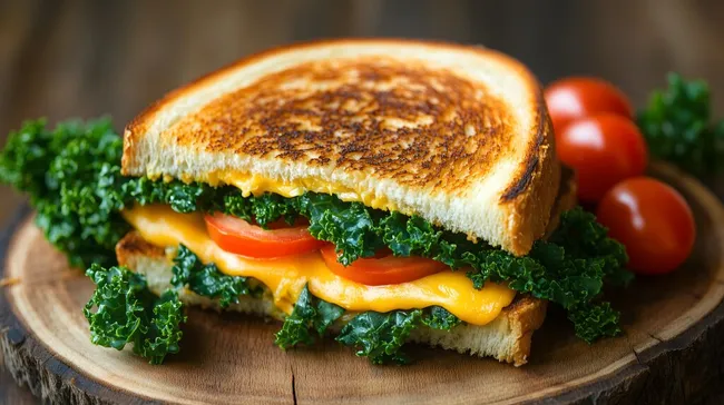 Leckeres Käsesandwich mit Grünkohl und Tomaten auf Holzbrett