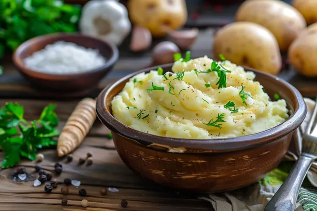 Leckeres Kartoffelpüree in rustikaler Holzschale