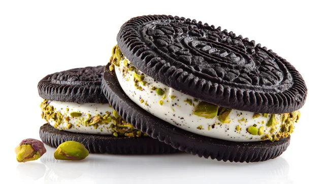 Leckeres Kekssandwich mit Pistazien und Creme