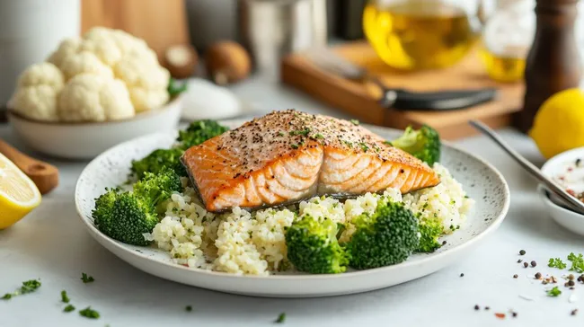 Leckeres Lachs-Brokkoli-Gericht mit Blumenkohlreis
