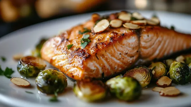 Leckeres Lachs-Gericht mit Rosenkohl und Mandeln