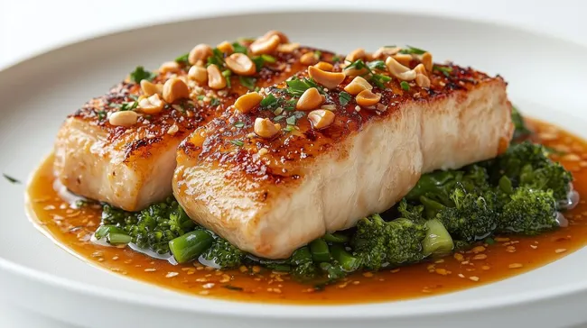 Leckeres Lachssteak mit Brokkoli und Nüssen