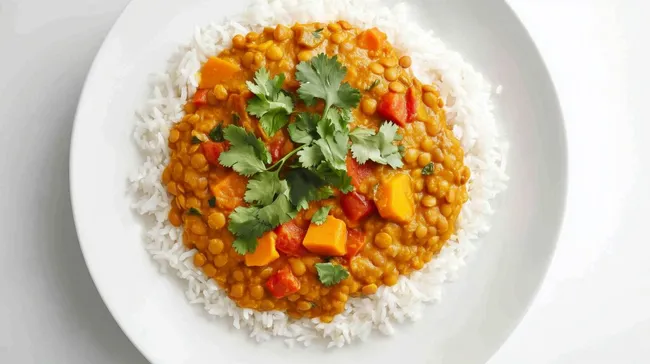 Leckeres Linsencurry mit Reis und Gemüse auf Teller