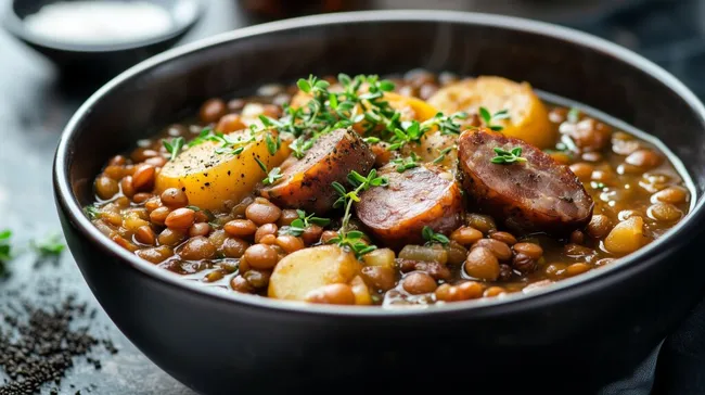 Leckeres Linsengericht mit knusprigem Wurst und Kartoffeln