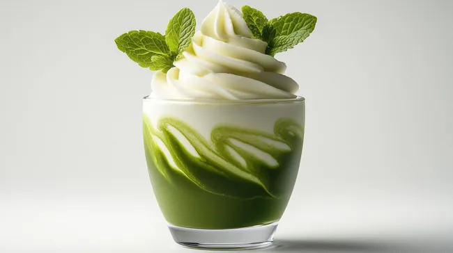 Leckeres Matcha Dessert in Glas mit Minzblättern