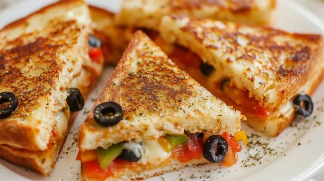 Leckeres mediteranes Pizza-Sandwich mit Oliven und Paprika