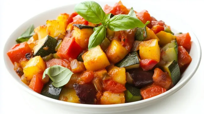 Leckeres mediterranes Gemüsegericht in rustikaler Schüssel