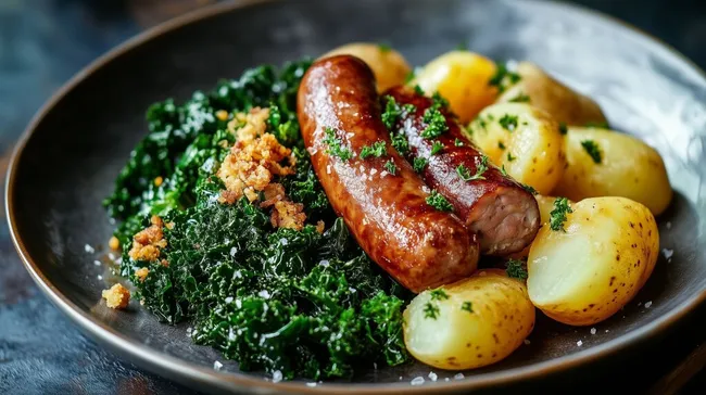 Leckeres Mittagessen mit Grünkohl, Mettwurst und Kartoffeln